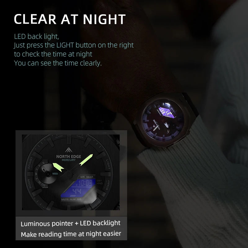 NORTH EDGE MERCURY Men's Military Digital Watch Stopwatch Waterproof 50M Sports Watches World Time