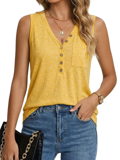 Women's V Neck Henley Tank Top Loose Fit Sleeveless | SAMAG