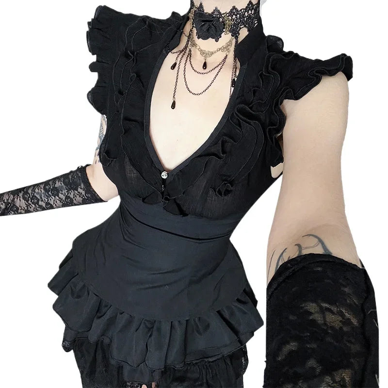 Summer American Dark Goth Vintage Vest Women's V Neck Flying Sleeve Slim Palace Top Y2K Jirai Kei Yami Kawaii Vest Chic Harajuku