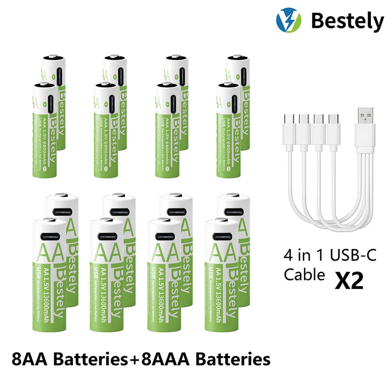 1.5V AA 13600mAh + AAA 6800mAh Rechargeable Lithium Battery Set with USB-C Fast Charging Type C Cable
