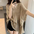Women Beach Cover Up Crochet Sexy Deep V-Neck Side Slit Short Sleeve Hollow Out Knitted Fashion Cover-Ups Knitting Smock