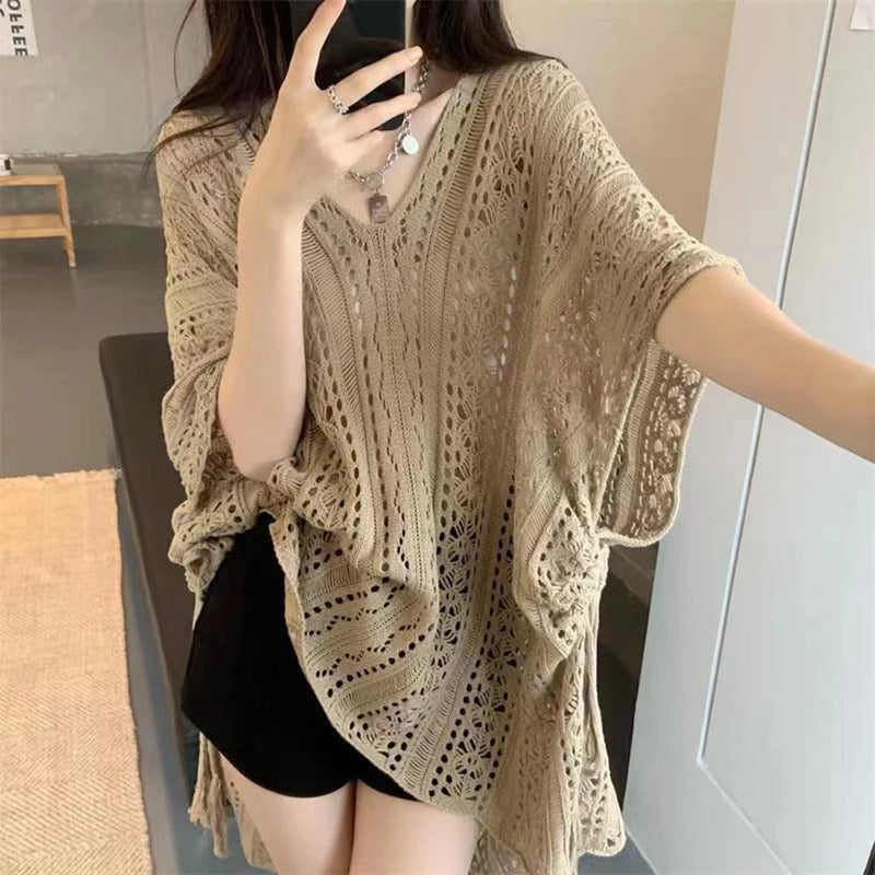 Women Beach Cover Up Crochet Sexy Deep V-Neck Side Slit Short Sleeve Hollow Out Knitted Fashion Cover-Ups Knitting Smock
