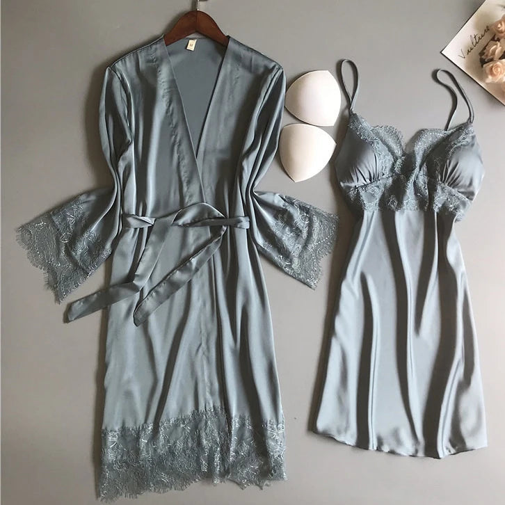 White Sleep Set Pajamas Lady Lace Satin Pyjamas Kimono | SAMAG