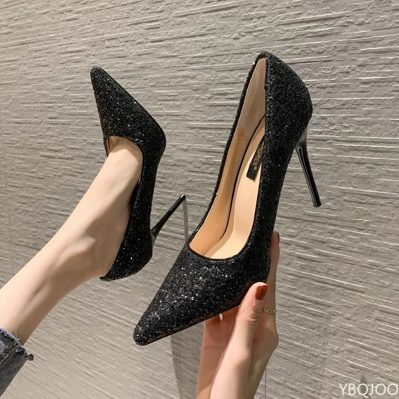New Women's Elegant Shoes Sexy versatile high heels Sharp pointed fashion sequin shoes Trendy ladies slim pumps Mujer Zapatos