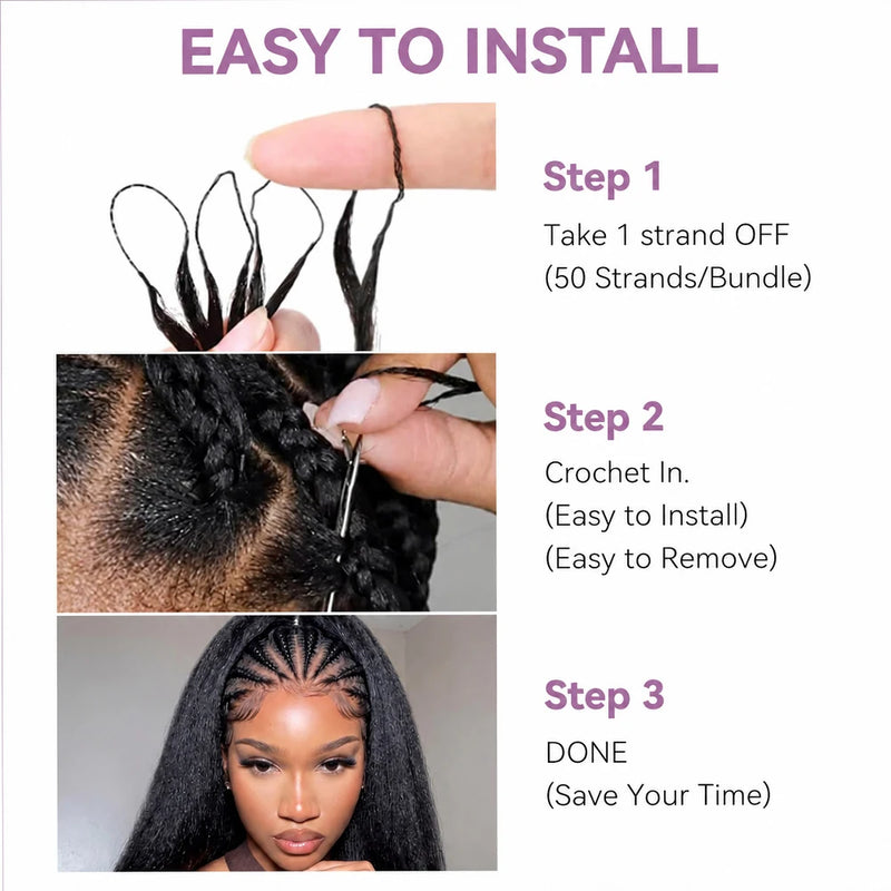 Kinky Straight Feather Crochet Human Hair Extensions Pre Separated Knotless Invisible Braiding Hair 100% Virgin Brazilian Human Hair Reusable 60g 50 Strands Natural Black Boho Braids For Women DIY Styling