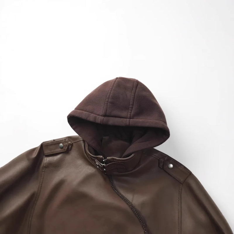 Men's Youth Hooded PU Leather Fashion Locomotive Casual Jacket Large Size Hat Removable