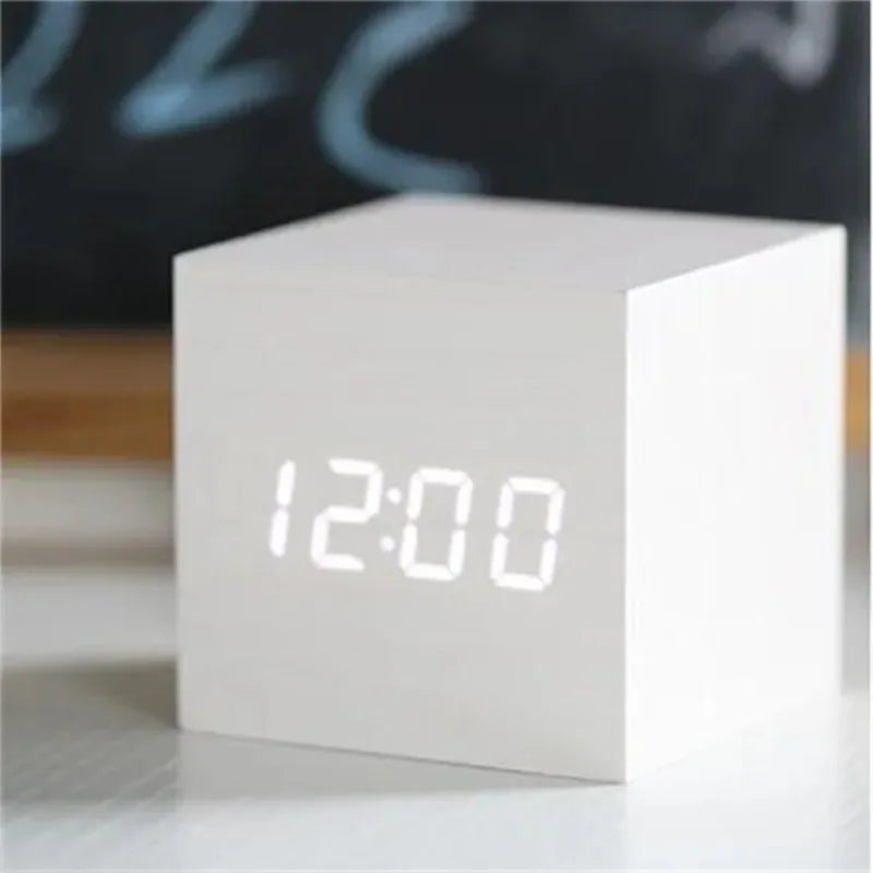 Voice Control Digital Electronic Clock Luminous Smart LED Wooden Alarm Clock Multifunctional Desktop Timepiece