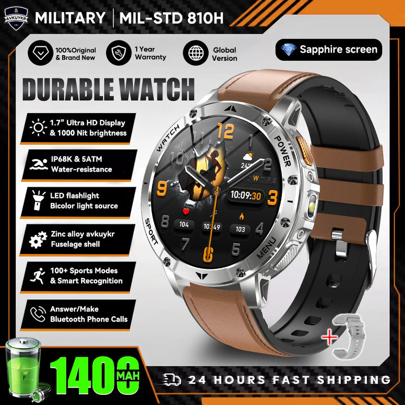 Military Grade Alloy Smartwatch 1400mAh Long Standby Waterproof SOS Emergency Flashlight BT Call Outdoor Sports Watch For Men