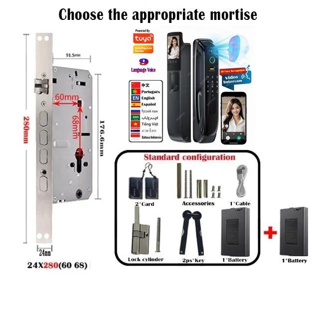 6068,5572,6072,6085 Mortise Lock Tuya Wifi App Camera Smart Digital Lock With Fingerprint Face Key Card Rfid