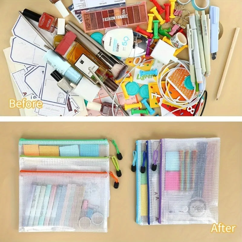 5PCS A5 Mesh Zipper File Bag Creative Student Stationery Waterproof Pen Bag Office Transparent Data Bag Bill Storage Bag