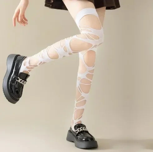 Punk Hollow Fishnet Stockings for Women Spider Web Torn Strap Holes Tights Girls Lolita Ragged Pantyhose Party Socks Pantyhose