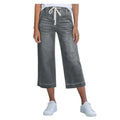 Cropped Pants for Women, High-Stretch Denim Wide-Leg Trousers, Drawstring Waistband Casual Summer Pants Denim Jeans Women