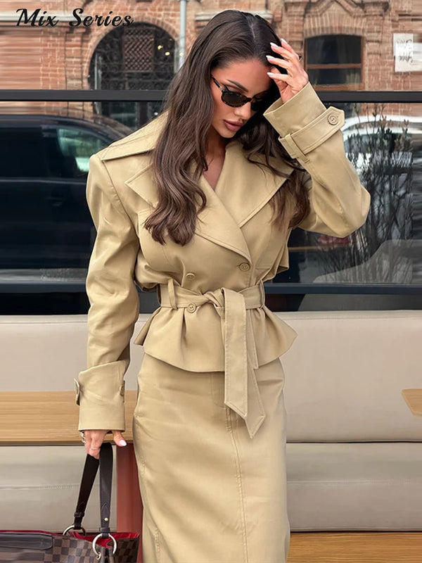 Elegant Solid Trench Skirt Set Women Lapel Double Breasted Belted Jacket A-line Maxi Skirts 2026 Autumn New Lady Fashion Outfit