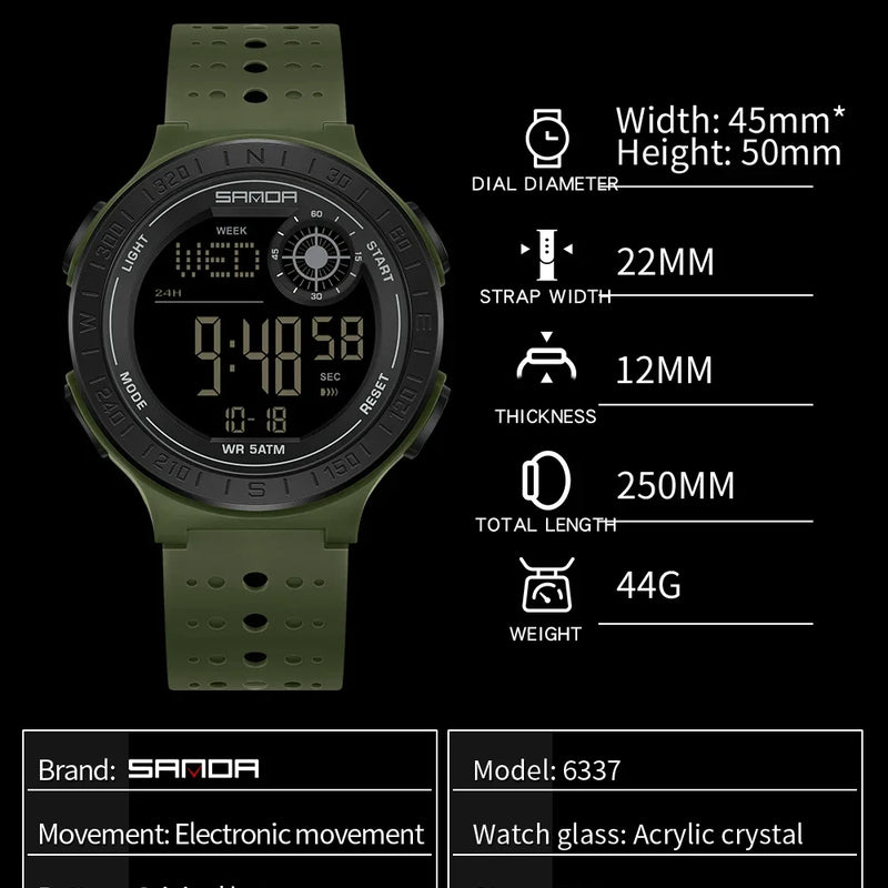 SANDA 6337 Fashion Men's Electronic Watch Sports Alarm Clock 50M Waterproof Stopwatch Timer Men's and Women's Watch
