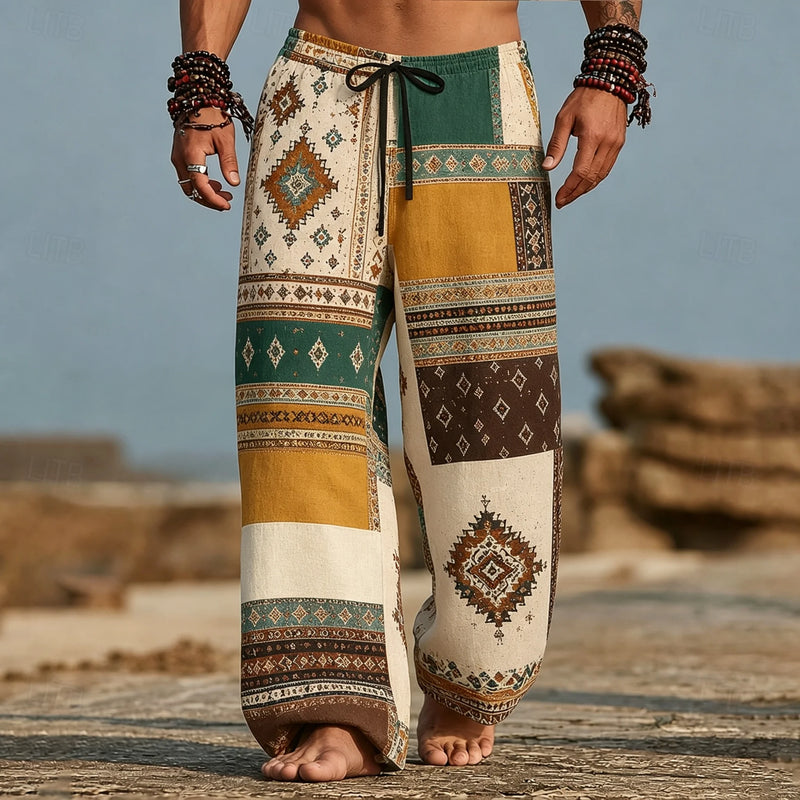 Men's Color‑Block Aztec Tribal Geometric Print Wide Leg Harem Pants Elastic Drawstring Trousers For Boho - View 3 | SAMAG
