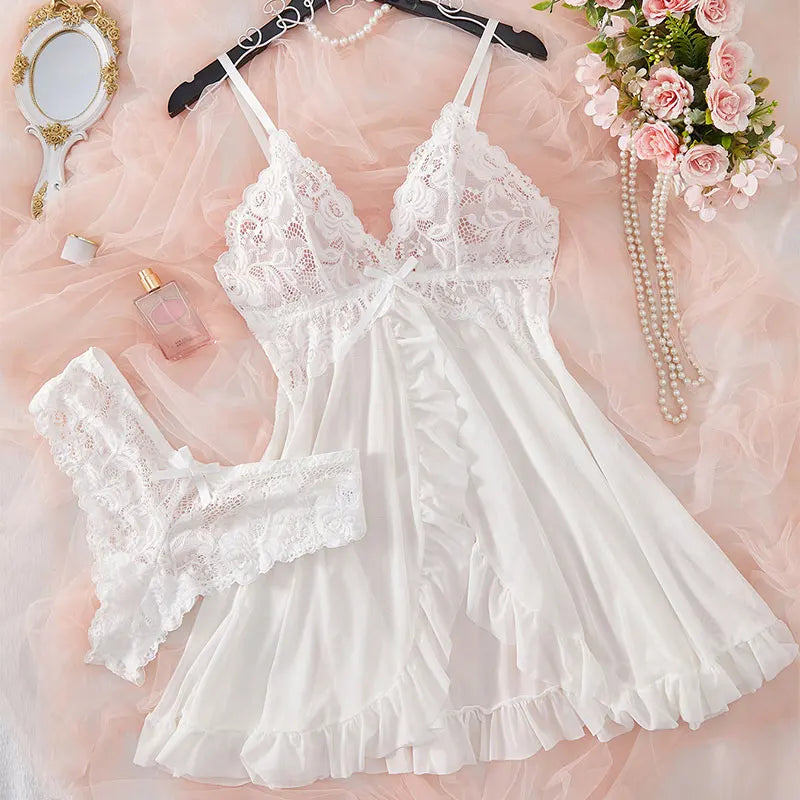 Summer Sexy Lingerie Dress Women Lace See Through Nightdress Sleepwear Solid Slim Soft V Neck Full Slip Sleepwear & Dresses
