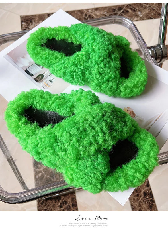 Real Wool Fur House Slippers Solid Color Cross Strap Fluffy Fur Slides Funny Comfortable Fuzzy Slippers Women's Shoes Trend 2026