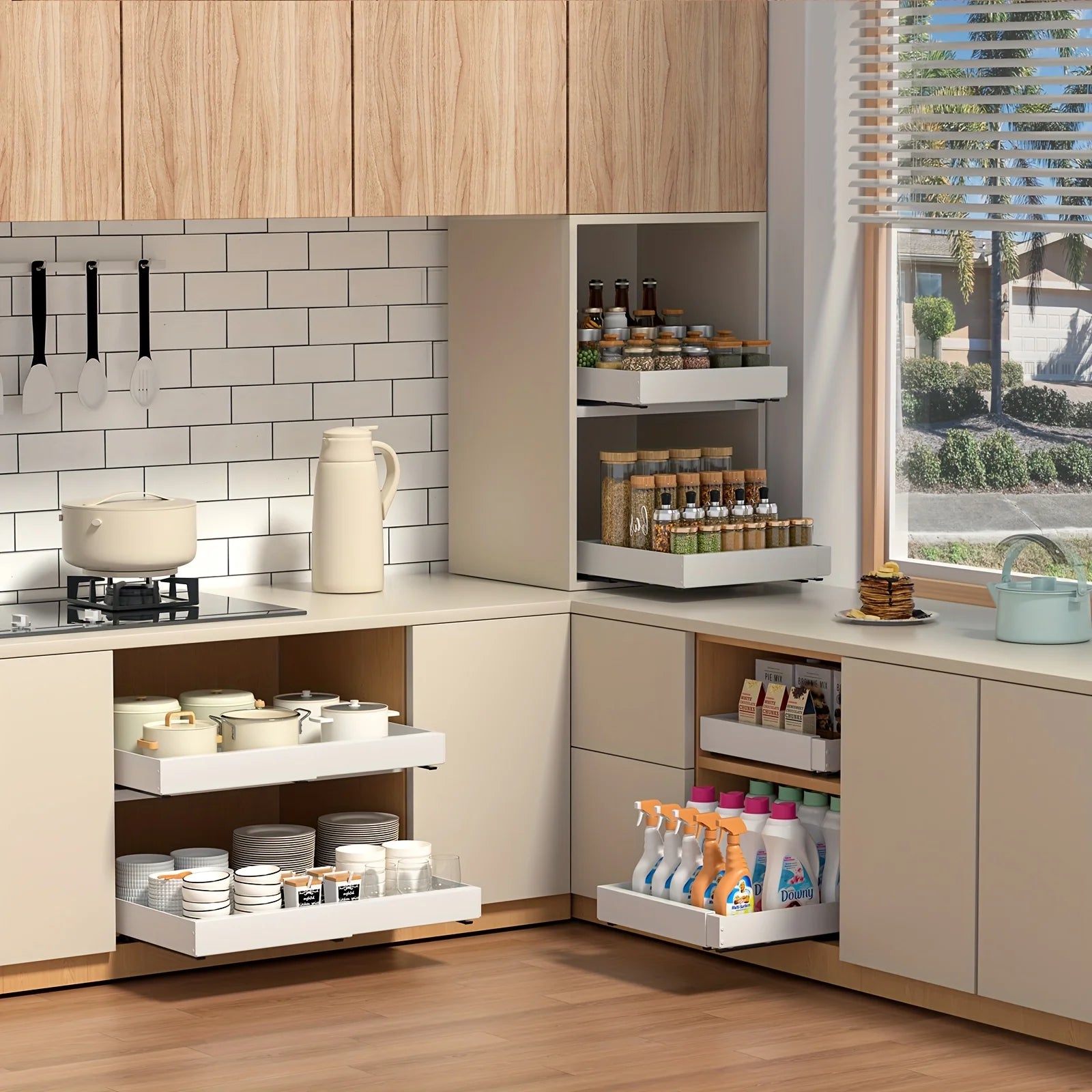Pull Out Cabinet Organizer Slide Out Drawer Metal Slide Drawer Storage Rack for Kitchen Pantry Cupboard Under Sink Pot Pan Spice Food Storage Pullable Sliding Storage Organizer Rack