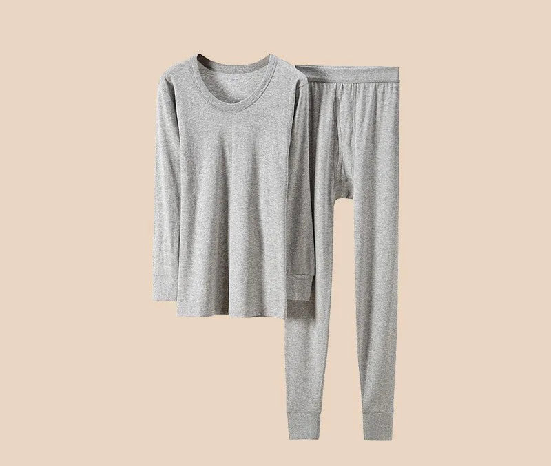 100% Pure Cotton Thermal Underwear Sets Autumn Winter Men's Solid O-neck Tops+Pants Underwear Two Piece Sets Men Long Johns Sets