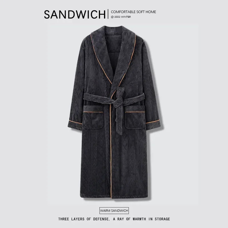 2026 Men's Autumn Winter Flannel Pajama Robes Thickened Warm Lace Up Bath Robes Men Loose Lounge Homewear Coral Fleece Nightgown