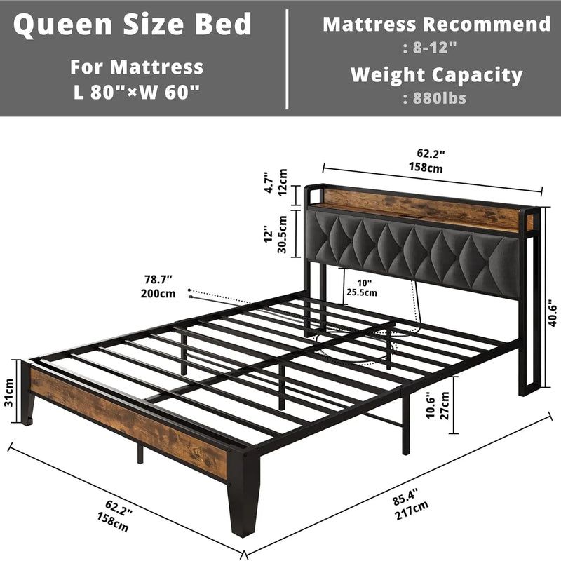 ANCTOR Twin/TwinXL/Full/Queen/King/CaliforniaKing Bed Frames, Storage Headboard with Outlets, No Noise, No Box Springs Needed