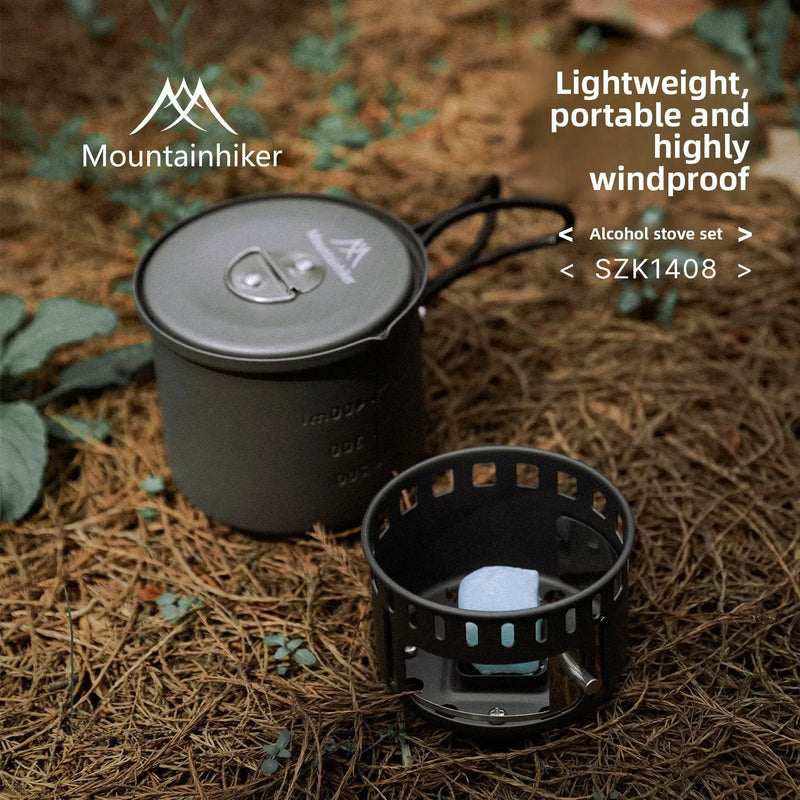 MOUNTAINHIKER Ultralight Portable Alcohol Stove Set with Pot, Camping Cookware Set, Windproof Integrated Cooking Kit for Hiking