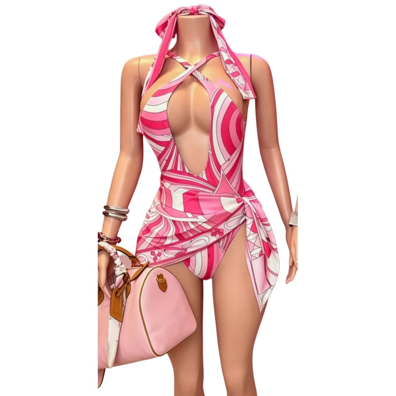 HLJ Sexy Women Pink Abstract Print One Piece Swimsuit | SAMAG