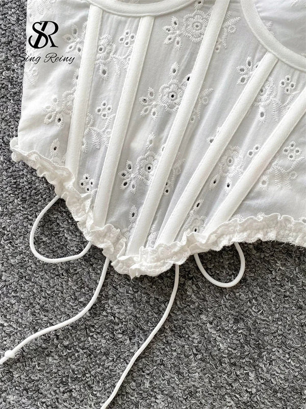 SINGREINY Floral Embroidery Lingerie Women Strap Irregular Corset Short Tank Top Sensual French Hotsweet Slim Sexy Beach Camis