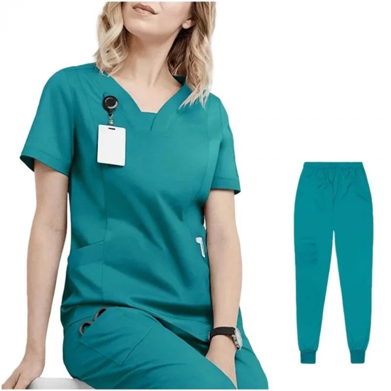 Woman Medical Scrubs Set, V-Neck Short Sleeve Nursing Uniforms With Multi-Pockets, Professional Workwear For Dental Clinic, Sp