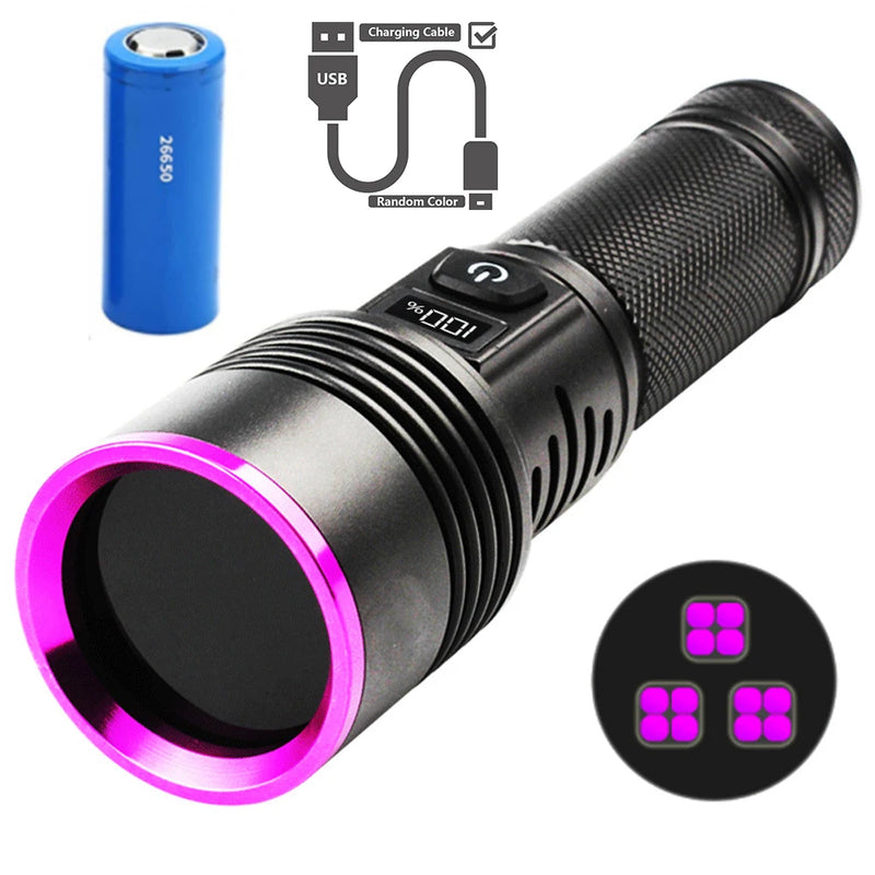 High Power Black Mirror Purple Light Detection Torch Powerful 365NM UV Flashlight Type-C USB Rechargeable LED Ultraviolet Lamp