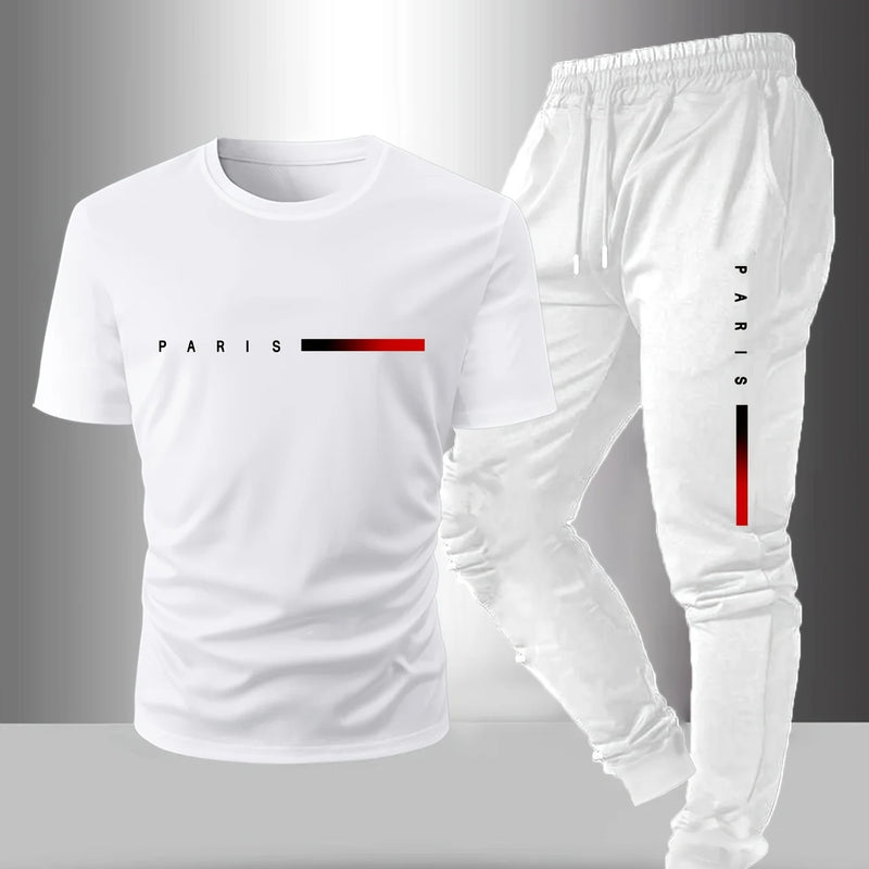 Spring/Summer Paris Letter Printed Round Neck Casual Comfortable Breathable T-shirt with Drawstring Outdoor Sports Pants Set