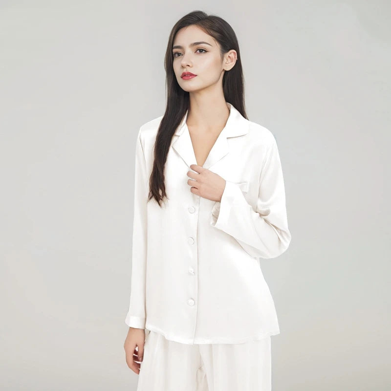 Birdtree 16MM 100% Real Silk Pajama Set Women's Solid Lapel Long Sleeve Pants Basic Comfortable Loungewear Spring S3D988QD