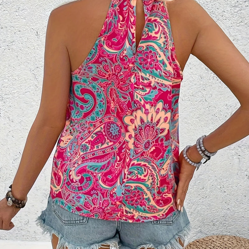 New Elegant Women's Summer Tank Tops Casual Floral Print Top Vacation Pleated Halterneck Sleeveless Camisole Shirt
