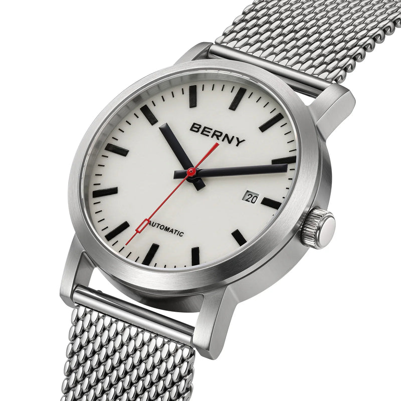 BERNY Automatic Men's Watch Top Brand Luminous 316L Stainless Steel Self-Wind Sapphire Wristwatch Mesh Belt Mechanical Men Watch