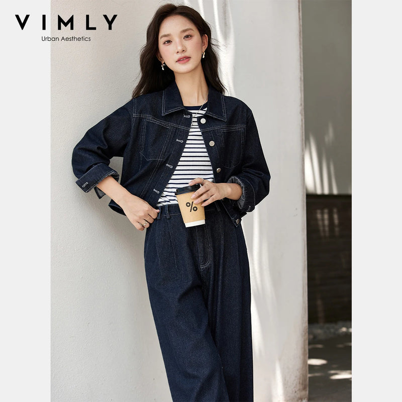 VIMLY Women's Two-piece Set 2026 Vintage Blue Denim Long Sleeve Coats Fashion Wide-leg Baggy Pant Matching Sets Female A2200