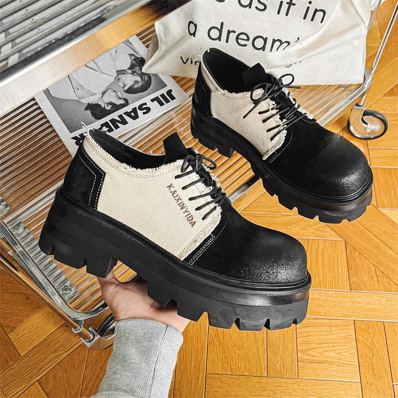 Men Thick Soled Derby Shoes Height Increasing Non Slip Breathable Color Blocked Casual Personalized Youth Fashion Shoes