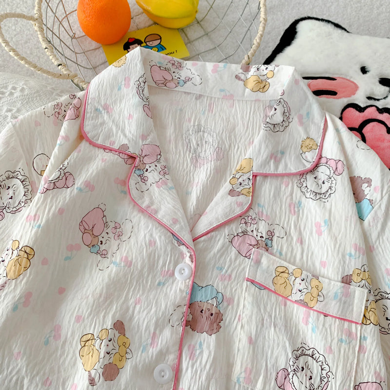Cartoon Hello Kitty Summer Cardigan Lapel Women's Pajama Set Cloud Cotton Cute Printed Casual Loungewear Three-piece Set