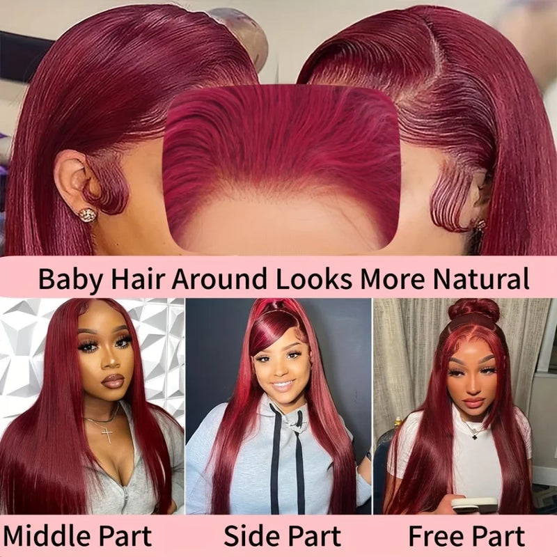 99J Burgundy Lace Front Wig Human Hair 13X6 HD Transparent Straight Lace Frontal Wigs for Women Pre Plucked 200% Density Pre Plucked Invisible Pre Cut Lace Brazilian Virgin Hair