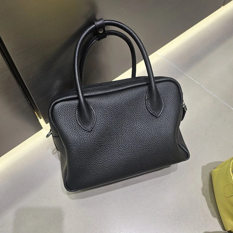 Genuine Leather Women's Boston Bag, New Niche Design Double Zipper Simple Wide Shoulder Strap Fashion Portable Shoulder Bag