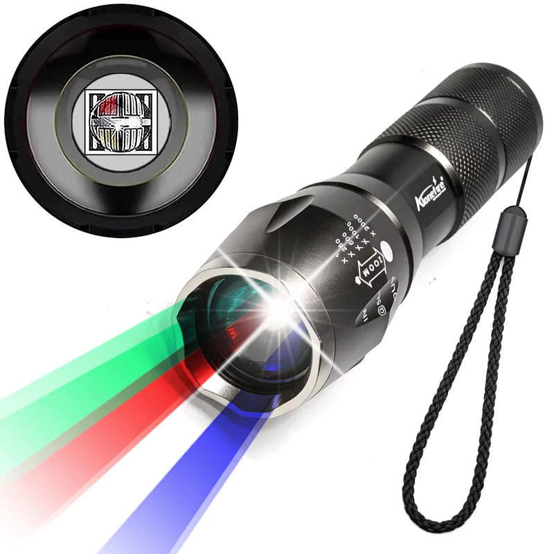 Upgraded Zoomable Red Flashlight, 4 Color in 1 Flash Light, Green Red Blue White Multi-Color RGBW Led with Memory for Fishing