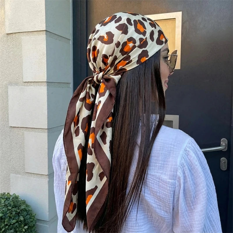 Luxury Brand 2026 Leopard Print Square Silk Scarf for Women Hijab Hair Bands 90cm Neckerchief Female Satin Shawl Ribbon Headband