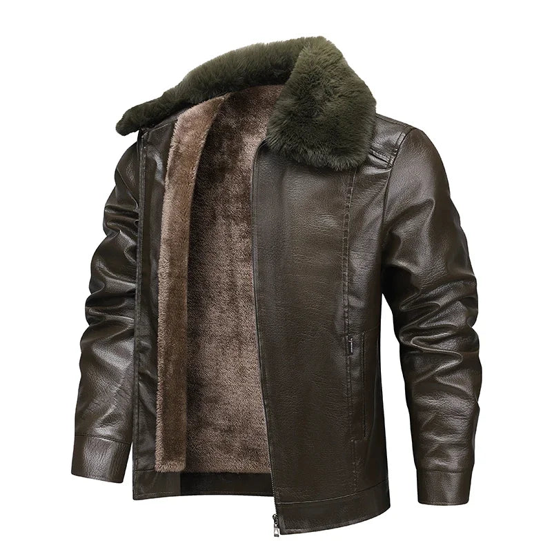 2025Plush Thickened Faux Leather Jacket Men's Fur Collar  Jacket Windproof   Waterproof Business Jacket Winter motorcycle jacket