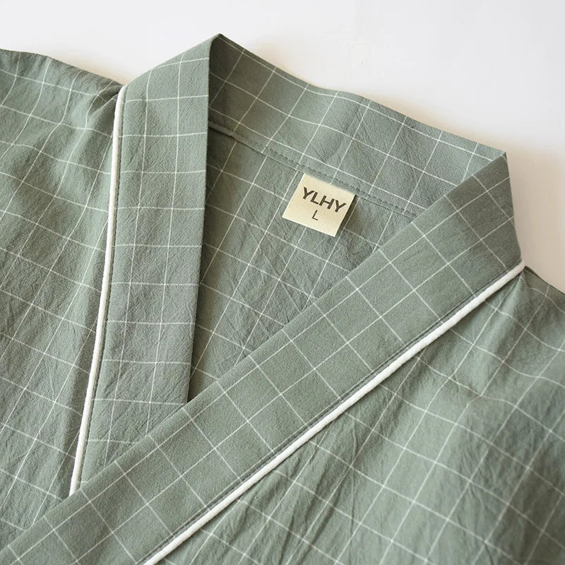 Japanese-style Kimono, Cotton Gauze, Spring And Autumn Men's Plaid Nightgown Two-piece Home Service Yukata Lace-up Pajama Set