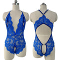 Women Lace Hollow Blue Lingerie Sexy Crotchless Bodysuit Erotic Pajamas Teddy Babydoll Dress Deep V Open Bra Porn Underwear Set