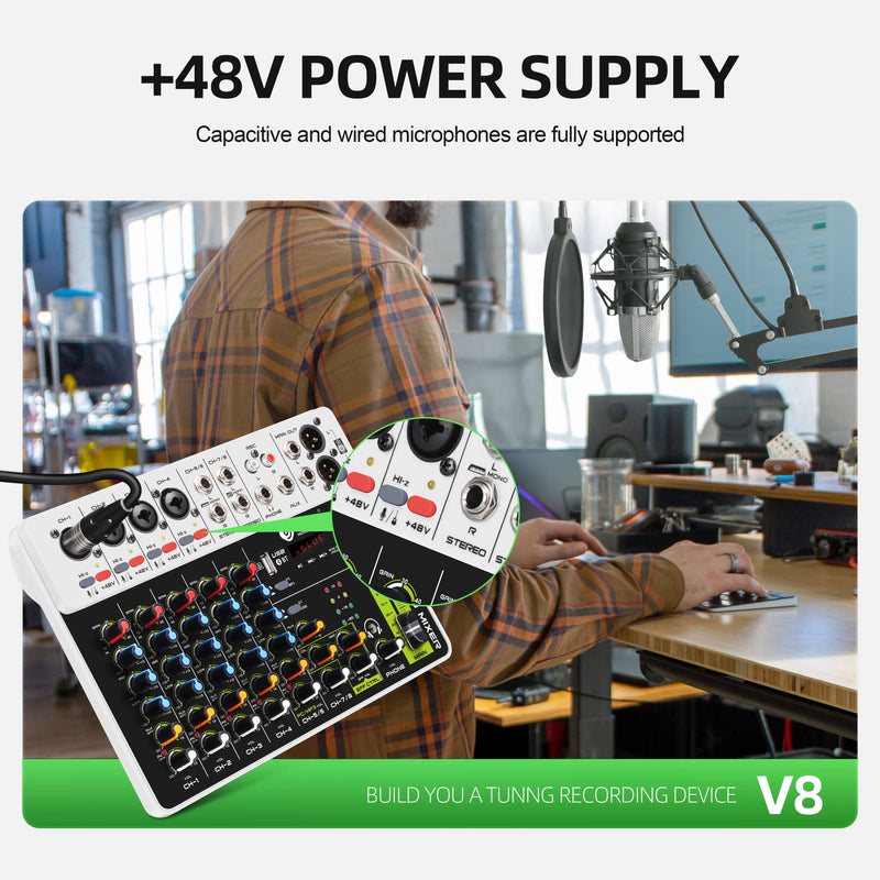 Debra V4/V8 Audio Interface Mixer Bluetooth 5.0 Phantom Power for Computer Studio Stage Band with Delay Replay Effects