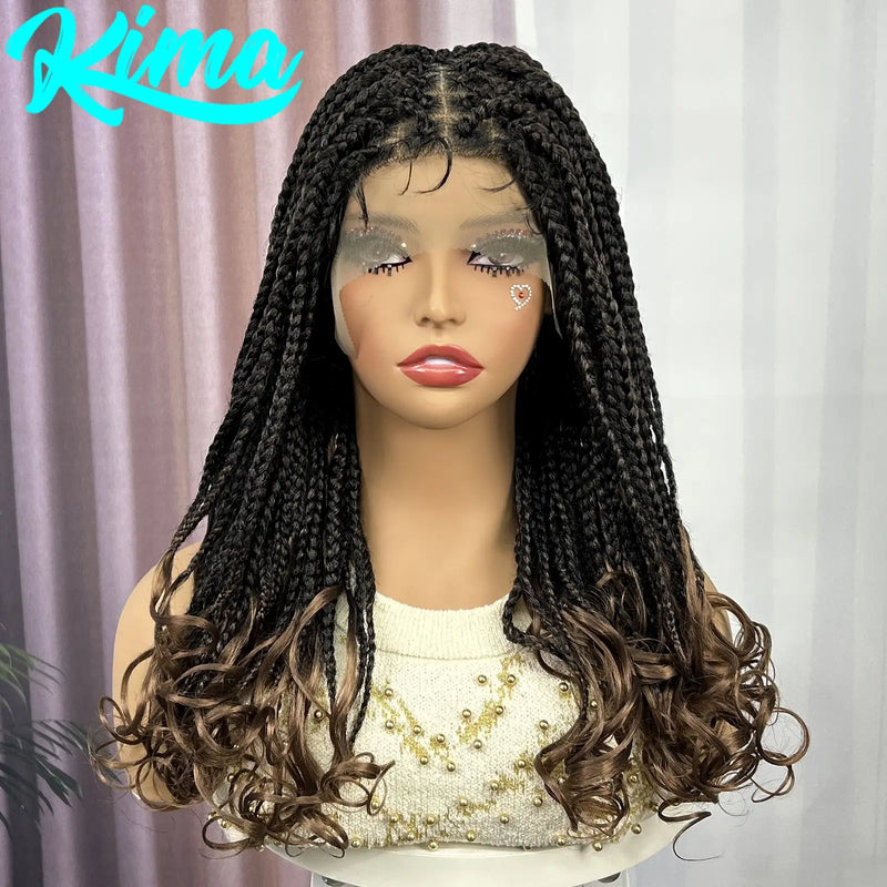 Knotless Box Braided Wig with Wavy Ends Synthetic Lace Frontal 1B-30 Dark Ombre Braided Lace Wig with Baby Hair for Black Women
