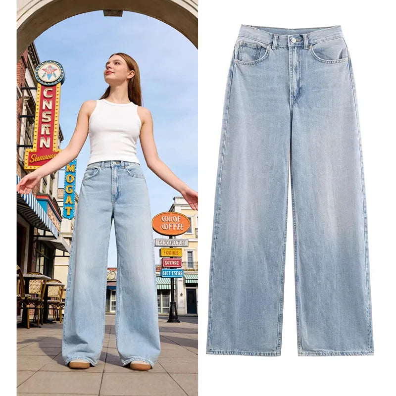 Fashion High Waist Wide Leg Jeans for Women 2026 Streetwear Baggy Denim Trousers Woman Light Blue Zip Loose Long Pants Female