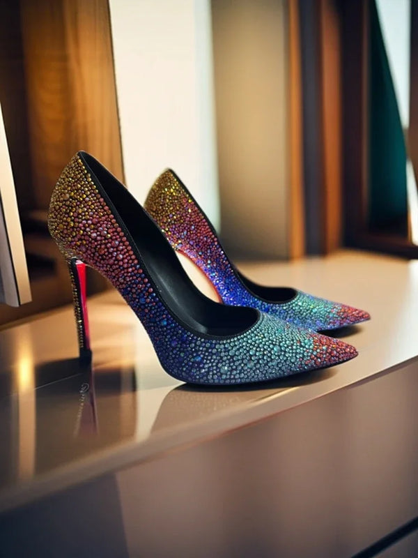 Women Full Diamond High Heel Pumps Rhinestone Pointed Toe Stiletto Heel Bling Bling Luxury Brand Colorful Crystal Wedding Shoes