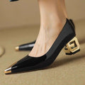 2025 Spring/Autumn New Women's French Retro Metal-Toe High Heels   - Commuter Chunky Heel Pumps,  Gold Buckle Decor  Work Shoes