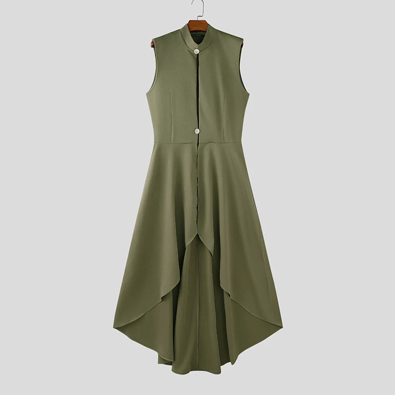 INCERUN Men Vests Solid Color Stand Collar Sleeveless Male Long Style Waistcoats Streetwear 2025 Fashion Casual Male Dress Vests